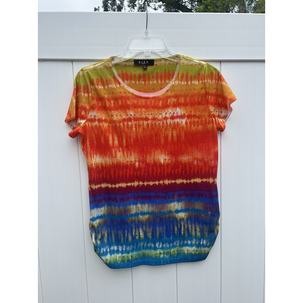 BLEU Women’s Colorful Embellished Top Blouse Short Sleeve Abstract Petite PM